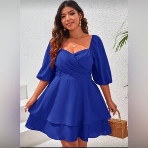 SHEIN Royal Blue Mini Dress 2XL Puff Sleeve Fit Flare Party